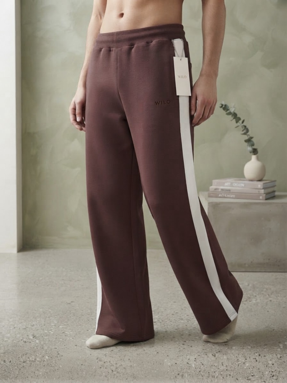WILO Wide-Leg Track Pants in Brown with White Side Stripe